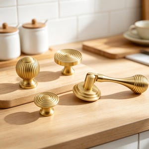 May include: A collection of four brass-toned hardware pieces including one spherical knob with vertical ridges, two flat circular knobs with concentric ring patterns, and one horizontal door handle with a matching ridged cylindrical end.