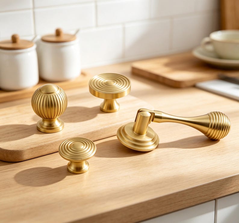 May include: A collection of four brass-toned hardware pieces including one spherical knob with vertical ridges, two flat circular knobs with concentric ring patterns, and one horizontal door handle with a matching ridged cylindrical end.