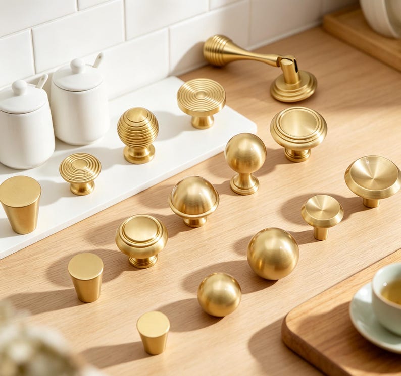 Solid Brass Cabinet Knobs, Brushed Brass Kitchen Hardware, Modern Drawer Knobs, Luxury Dresser Pulls, Minimalist Cabinet Handles image 1