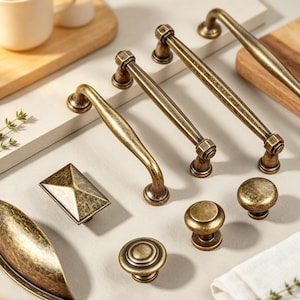 May include: A collection of antique brass cabinet hardware including three long arched drawer pulls, one rectangular pyramid-shaped knob, one large curved cup pull, and three round knobs with varying textures and stepped circular designs.