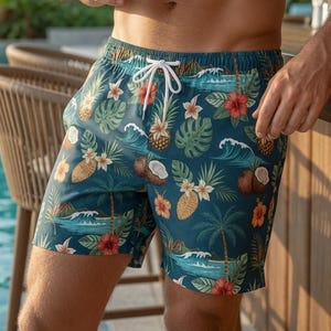 Men's Tropical Swim Trunks | Hawaiian Board Shorts | Pineapple Beach Shorts | Quick Dry Summer Vacation Swimwear