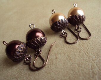 Acorn Earrings. Acorn Jewelry. Brass Earrings. Dangle Earrings.Fun Jewelry. Pearl Jewelry.