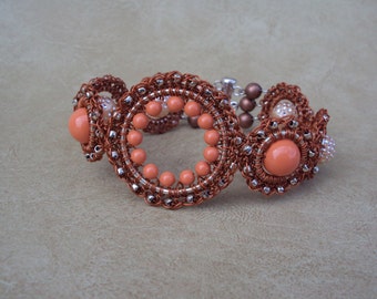 Swarovski Coral Pearls Bracelet.Crochet Beaded Bracelet.Coral Cuff.Wire Wrapped Jewelry.