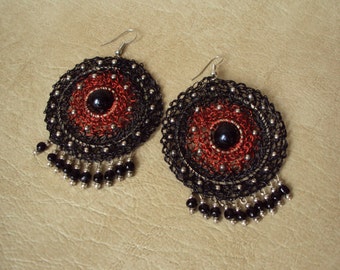 Fire Eye. Crochet Earrings. Black and Red. Custom Jewelry. Lace Jewelry.Crochet Jewelry.