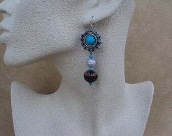Turquoise Earrings. Beaded Earrings.Crochet Jewelry.Blue Stone Earrings.Dangle Earrings.