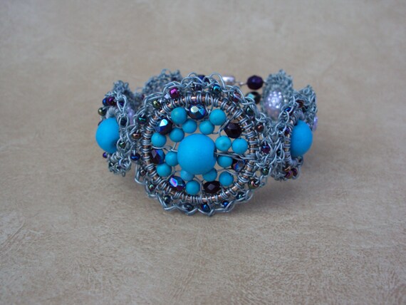 Turquoise Bracelet. Crochet Wire Beaded Bracelet.Wire Wrapped Jewelry. Handmade Bracelet.Blue Stone Bracelet.