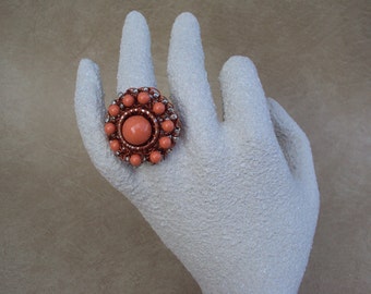 Swarovski Coral Pearls Ring. Crochet Jewelry. Crochet Beaded Ring. Adjustable Ring.Crochet Ring.Coral Ring.