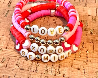 Handmade Valentines Day Stack of 4 clay Heishi Bracelets