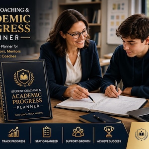 Può includere: Un'agenda a spirale nera intitolata Student Coaching & Academic Progress Planner con testo dorato e un logo a scudo. La copertina recita: Student Coaching & Academic Progress Planner, The Ultimate Planner for Teachers, Tutors, Mentors & Academic Coaches.