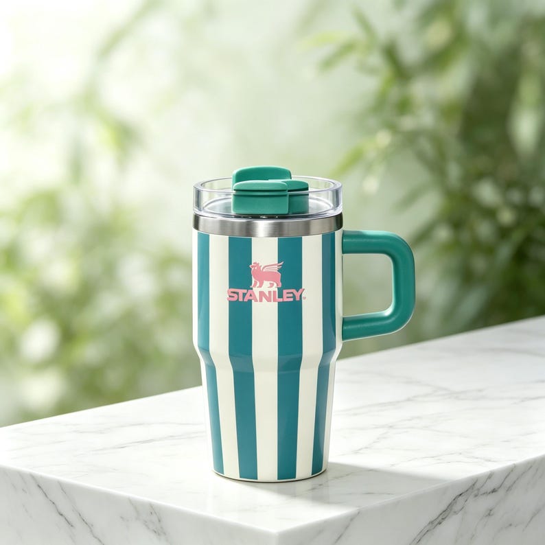 May include: A teal and white striped travel mug with a green handle and lid. The mug features the Stanley logo in pink. The mug is sitting on a white marble surface.