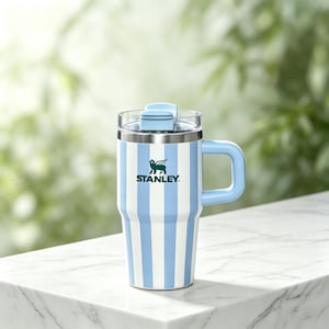 May include: A blue and white striped Stanley travel mug with a handle. The mug has a clear lid and a light blue handle and lid closure. The Stanley logo is printed in green on the front of the mug.