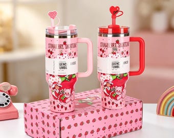 Strawberry Sweetheart x Stanley Quencher H2.0 40oz Insulated Mug | Cute Cartoon Travel Mug Set | Customized Fan Gift