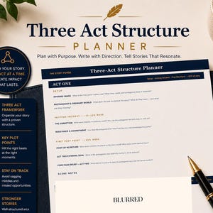 May include: A Three Act Structure Planner document featuring sections for Act One, setup, inciting incident, and plot points. The page includes text headers, a black pen, and a circular badge with the text Build Your Story. One Act At A Time.