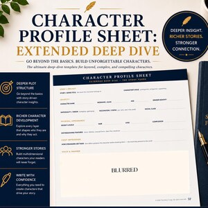 Peut inclure: Une fiche de profil de personnage blanche avec du texte bleu foncé intitulée Character Profile Sheet: Extended Deep Dive. Le document comprend des sections pour l'identité, l'apparence physique et la voix, avec une grande zone floue au centre.