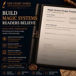 May include: A Magic System Design Template worksheet in a black leather binder. The text reads THE STORY FORGE, BUILD MAGIC SYSTEMS READERS BELIEVE, RULES. COSTS. CONSEQUENCES., and Magic System Design Template. Includes a fountain pen and compass.