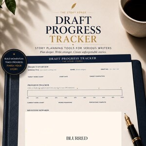May include: A Draft Progress Tracker document for writers featuring sections for project overview, word count, and milestone rewards. The page includes text headers, a progress bar, and a fountain pen resting on a dark blue folder. The design is professional with dark blue and cream tones, including icons for focus, progress, and printing.
