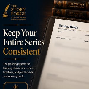 Puede incluir: Una carpeta de cuero marrón oscuro que contiene una plantilla de Biblia de serie de 8 páginas con campos para el título de la serie, el género y el lector objetivo. El texto dice The Story Forge, Keep Your Entire Series Consistent y Series Bible.