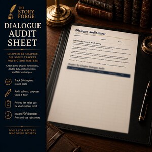 May include: A printed Dialogue Audit Sheet for fiction writers, featuring a header with the title, a section explaining column purposes, and a table for tracking thirty chapters. The document includes an action key and space for manuscript details.