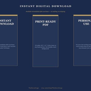 Pode incluir: Um gr&aacute;fico digital azul escuro com tr&ecirc;s pain&eacute;is retangulares verticais. O texto inclui INSTANT DIGITAL DOWNLOAD, INSTANT DOWNLOAD, PRINT-READY PDF, US Letter, 21,59 x 27,94 cm e PERSONAL USE. Design com detalhes dourados e texto branco.