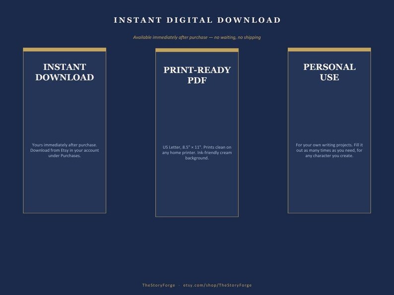 Pode incluir: Um gr&aacute;fico digital azul escuro com tr&ecirc;s pain&eacute;is retangulares verticais. O texto inclui INSTANT DIGITAL DOWNLOAD, INSTANT DOWNLOAD, PRINT-READY PDF, US Letter, 21,59 x 27,94 cm e PERSONAL USE. Design com detalhes dourados e texto branco.