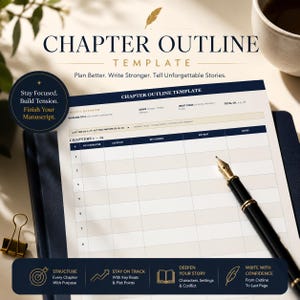 Pode incluir: Um modelo de esboço de capítulo com uma grade para os capítulos 1-15, incluindo colunas para personagem POV, local, cenas principais, pontos-chave e notas. O documento apresenta cabeçalhos de texto, uma caneta-tinteiro e um clipe dourado.
