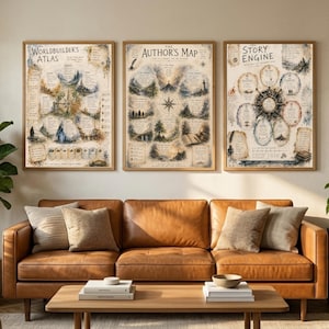 May include: Three framed wall posters featuring detailed illustrations and text titled The Worldbuilder's Atlas, The Author's Map, and The Story Engine. Each print displays intricate landscape sketches, compass roses, and descriptive notes in a vintage style.