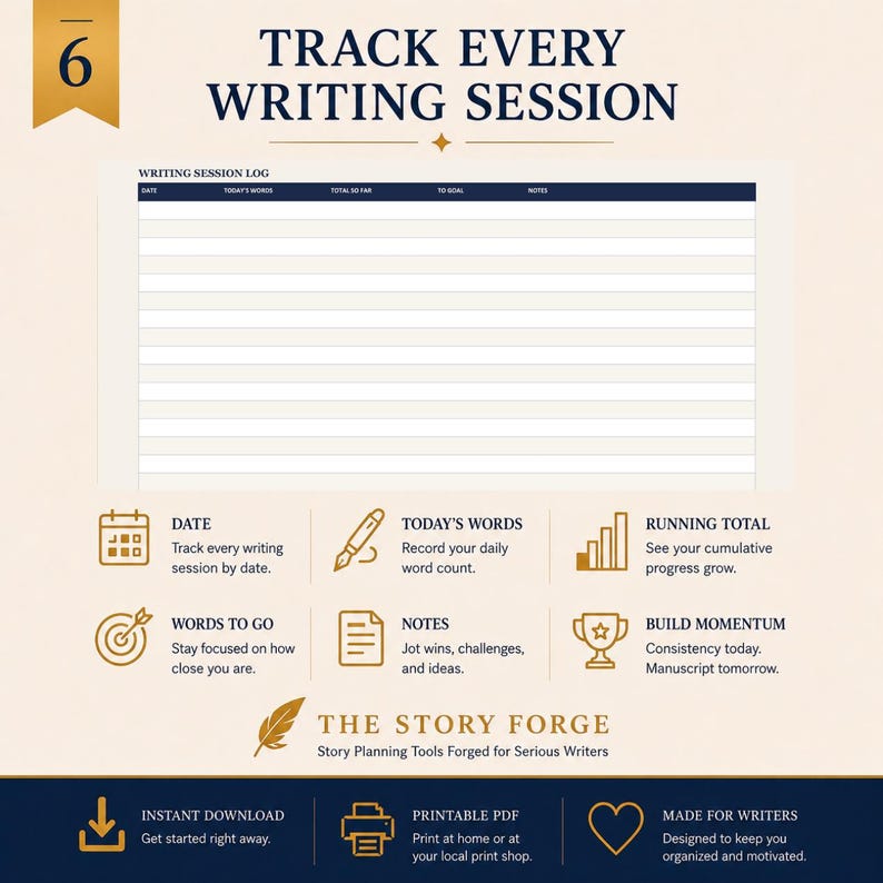 Peut inclure: Un mod&egrave;le de journal de session d'&eacute;criture avec un tableau comprenant des colonnes pour la date, les mots du jour, le total, l'objectif et les notes. La page inclut des ic&ocirc;nes de suivi, un logo plume dor&eacute;e et le texte THE STORY FORGE et INSTANT DOWNLOAD.