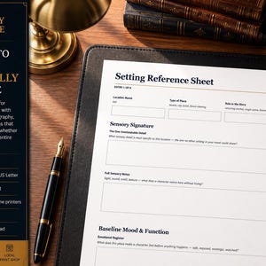 May include: A white Setting Reference Sheet document with black text and empty fields for location details, sensory signatures, and mood. The document features a dark blue sidebar with gold text titled The Story Forge, designed for US Letter paper.