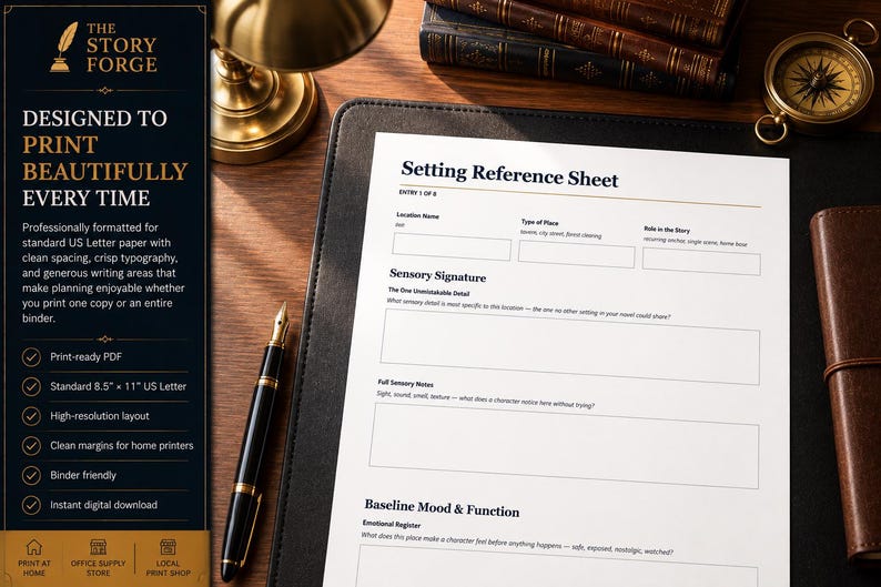 May include: A white Setting Reference Sheet document with black text and empty fields for location details, sensory signatures, and mood. The document features a dark blue sidebar with gold text titled The Story Forge, designed for US Letter paper.