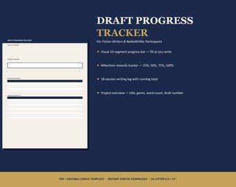 Entwurf einer Fortschrittsverfolgung bearbeitbare Canva-Vorlage | Roman Schreiblogbuch | Word Count Tracker für Schriftsteller