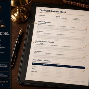 May include: A Setting Reference Sheet worksheet printed on white paper, featuring sections for location name, sensory signature, baseline mood, and time-of-day variations. The document includes text labels and lines for writing, formatted for US Letter 8.5 by 11 inches.