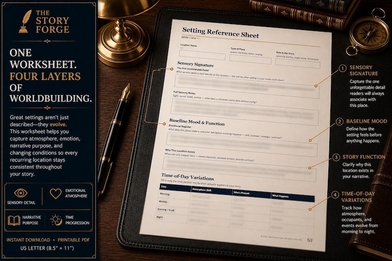 May include: A Setting Reference Sheet worksheet printed on white paper, featuring sections for location name, sensory signature, baseline mood, and time-of-day variations. The document includes text labels and lines for writing, formatted for US Letter 8.5 by 11 inches.