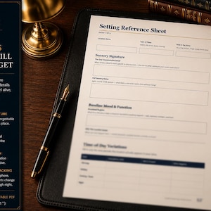 May include: A white Setting Reference Sheet with black text, featuring sections for location name, sensory signature, mood, and time-of-day variations. The document is placed on a black leather desk mat next to a black and gold fountain pen.