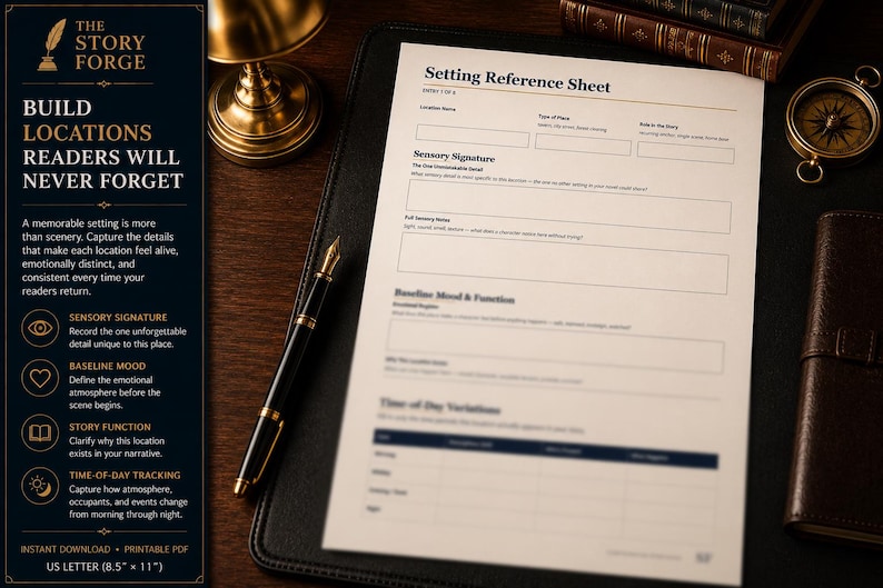 May include: A white Setting Reference Sheet with black text, featuring sections for location name, sensory signature, mood, and time-of-day variations. The document is placed on a black leather desk mat next to a black and gold fountain pen.