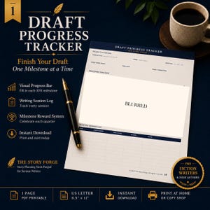 Peut inclure: Un document Draft Progress Tracker sur fond bleu fonc&eacute; avec du texte dor&eacute; et un stylo plume noir. La page comprend des sections pour l'aper&ccedil;u du projet, un suivi de progression et un journal de session d'&eacute;criture, avec le texte "BLURRED".