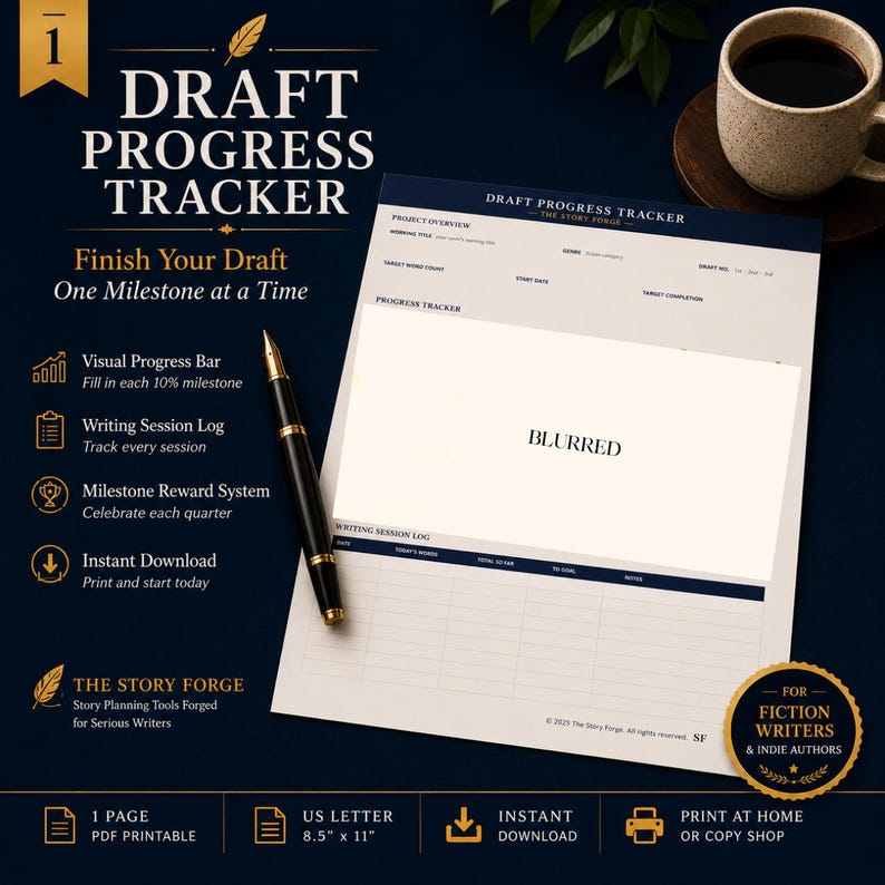 Peut inclure: Un document Draft Progress Tracker sur fond bleu fonc&eacute; avec du texte dor&eacute; et un stylo plume noir. La page comprend des sections pour l'aper&ccedil;u du projet, un suivi de progression et un journal de session d'&eacute;criture, avec le texte "BLURRED".