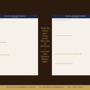 May include: A two-page villain and antagonist profile worksheet with cream-colored paper and dark blue headers. The text includes prompts like story context, identity, physical appearance, worldview, philosophy, wound, origin event, and justification.