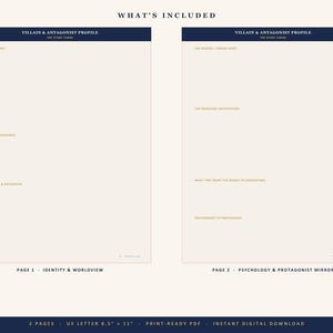 Pode incluir: Duas p&aacute;ginas de um modelo de perfil de vil&atilde;o e antagonista com cabe&ccedil;alho azul escuro e fundo creme. A primeira p&aacute;gina inclui se&ccedil;&otilde;es para contexto, identidade, apar&ecirc;ncia e vis&atilde;o de mundo. A segunda p&aacute;gina cobre motivos, justificativa e relacionamentos. 21,59 cm x 27,94 cm.