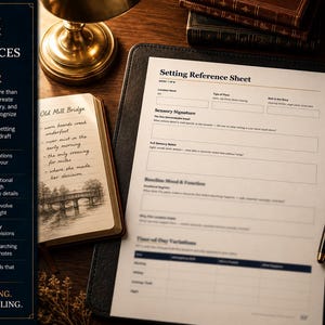 May include: A Setting Reference Sheet document with fields for location name, sensory signature, and mood, alongside a notebook with a sketch of a bridge labeled Old Mill Bridge, a fountain pen, and a compass on a dark desk surface.