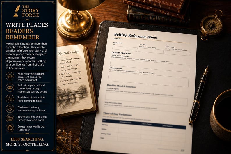 May include: A Setting Reference Sheet document with fields for location name, sensory signature, and mood, alongside a notebook with a sketch of a bridge labeled Old Mill Bridge, a fountain pen, and a compass on a dark desk surface.