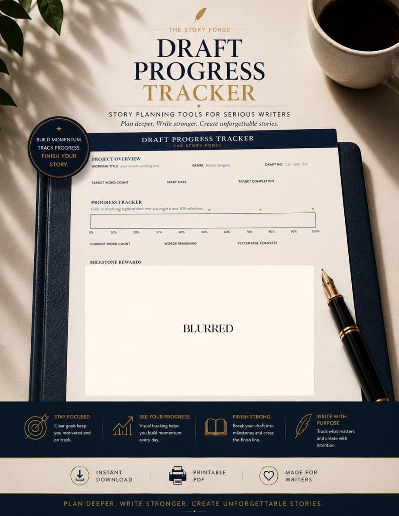 Peut inclure: Un document de suivi de progression de brouillon pour &eacute;crivains avec des sections pour l'aper&ccedil;u du projet, le nombre de mots et les r&eacute;compenses. La page inclut des en-t&ecirc;tes, une barre de progression et un stylo plume sur un dossier bleu fonc&eacute;. Le design est professionnel avec des tons bleu fonc&eacute; et cr&egrave;me, incluant des ic&ocirc;nes pour la concentration et l'impression.