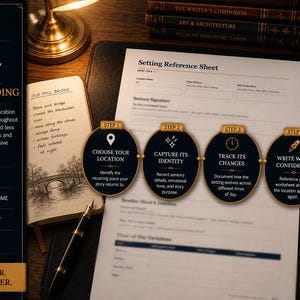 May include: A worldbuilding reference sheet featuring a four-step workflow guide. The document includes sections for location details, sensory signatures, and time-of-day variations, accompanied by a notebook, a fountain pen, and a compass on a desk.