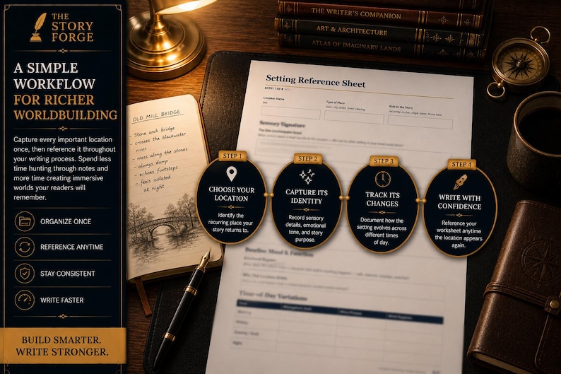 May include: A worldbuilding reference sheet featuring a four-step workflow guide. The document includes sections for location details, sensory signatures, and time-of-day variations, accompanied by a notebook, a fountain pen, and a compass on a desk.