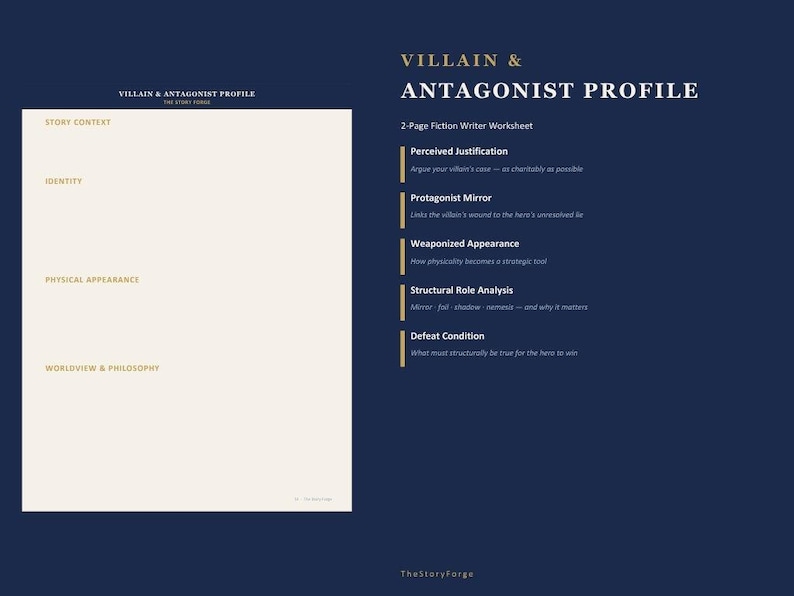 May include: A two-page fiction writer worksheet titled Villain & Antagonist Profile on a dark blue background. The left page is cream-colored with headings for Story Context, Identity, Physical Appearance, and Worldview & Philosophy. The right page lists prompts including Perceived Justification, Protagonist Mirror, Weaponized Appearance, Structural Role Analysis, and Defeat Condition.