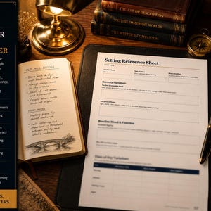 May include: A Setting Reference Sheet printed on white paper with fields for location details, sensory signatures, and mood, accompanied by an open notebook with handwritten notes about an old mill bridge, a fountain pen, and books.
