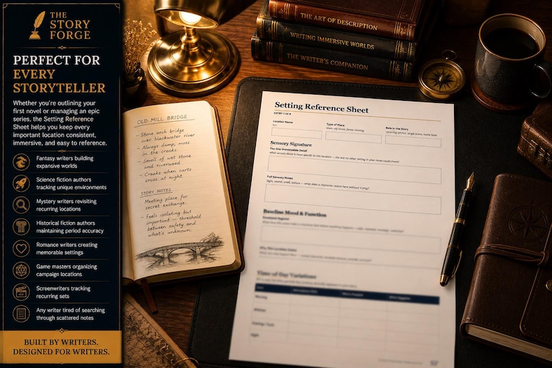 May include: A Setting Reference Sheet printed on white paper with fields for location details, sensory signatures, and mood, accompanied by an open notebook with handwritten notes about an old mill bridge, a fountain pen, and books.