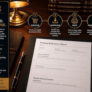May include: A printable Setting Reference Sheet document featuring fields for location name, type of place, role in the story, sensory signature, and baseline mood. The page includes a four-step process graphic for purchase, download, print, and start writing.