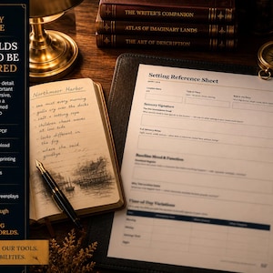 May include: A printable setting reference sheet for writers featuring fields for location name, sensory signature, and mood. The document is displayed alongside a handwritten notebook titled Northmoor Harbor, a fountain pen, and several leather-bound books on a desk.