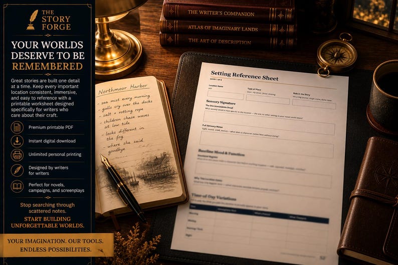 May include: A printable setting reference sheet for writers featuring fields for location name, sensory signature, and mood. The document is displayed alongside a handwritten notebook titled Northmoor Harbor, a fountain pen, and several leather-bound books on a desk.