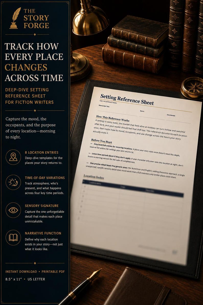 May include: A Setting Reference Sheet for fiction writers, featuring a dark blue sidebar with gold text including The Story Forge logo, and a white document page with fields for manuscript title, genre, and date started, measuring 8.5 by 11 inches.